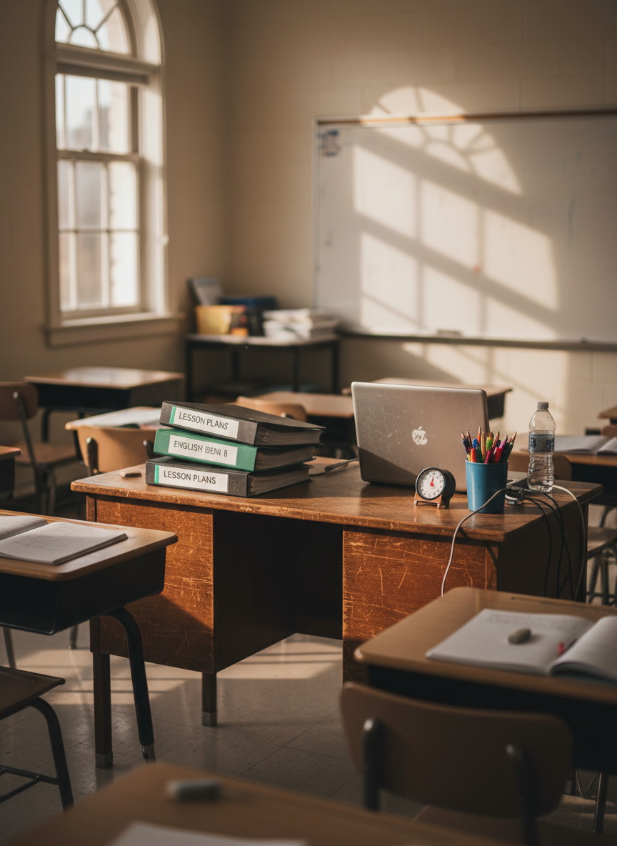 A well-used wooden teacher’s desk covered with neatly stacked lesson plan binders, a slightly worn laptop, a ceramic mug filled with colorful pens, and a small analog timer, all arranged in a realistic middle school classroom. Around the desk are plain student desks with scuffed metal legs, open notebooks, and a simple whiteboard in the background with faint erased marks but no readable text. Natural daylight filters through tall windows, casting soft, honest shadows that reveal minor clutter and imperfections. Photographic realism at eye level, with sharp focus on the desk and a gently blurred background, creating a calm, practical atmosphere that feels professional, authentic, and genuinely lived-in rather than staged or idealized.