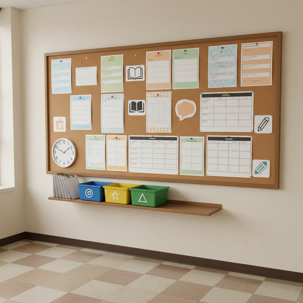 A large cork bulletin board mounted on a slightly worn classroom wall, filled with colorful but modestly designed assignment sheets, blank rubrics, and generic icons instead of actual student work or text. Below it, a narrow shelf holds mismatched plastic bins labeled only with simple symbols, alongside a basic analog clock and a stack of clipboards. The floor shows faint scuff marks and simple tile patterns. Overcast window light enters from the side, creating even, diffused illumination without harsh contrast. Photographic realism, shot from a slightly angled perspective, emphasizing practical organization systems. The mood is orderly yet approachable, capturing the down-to-earth reality of everyday classroom management without looking overly polished.